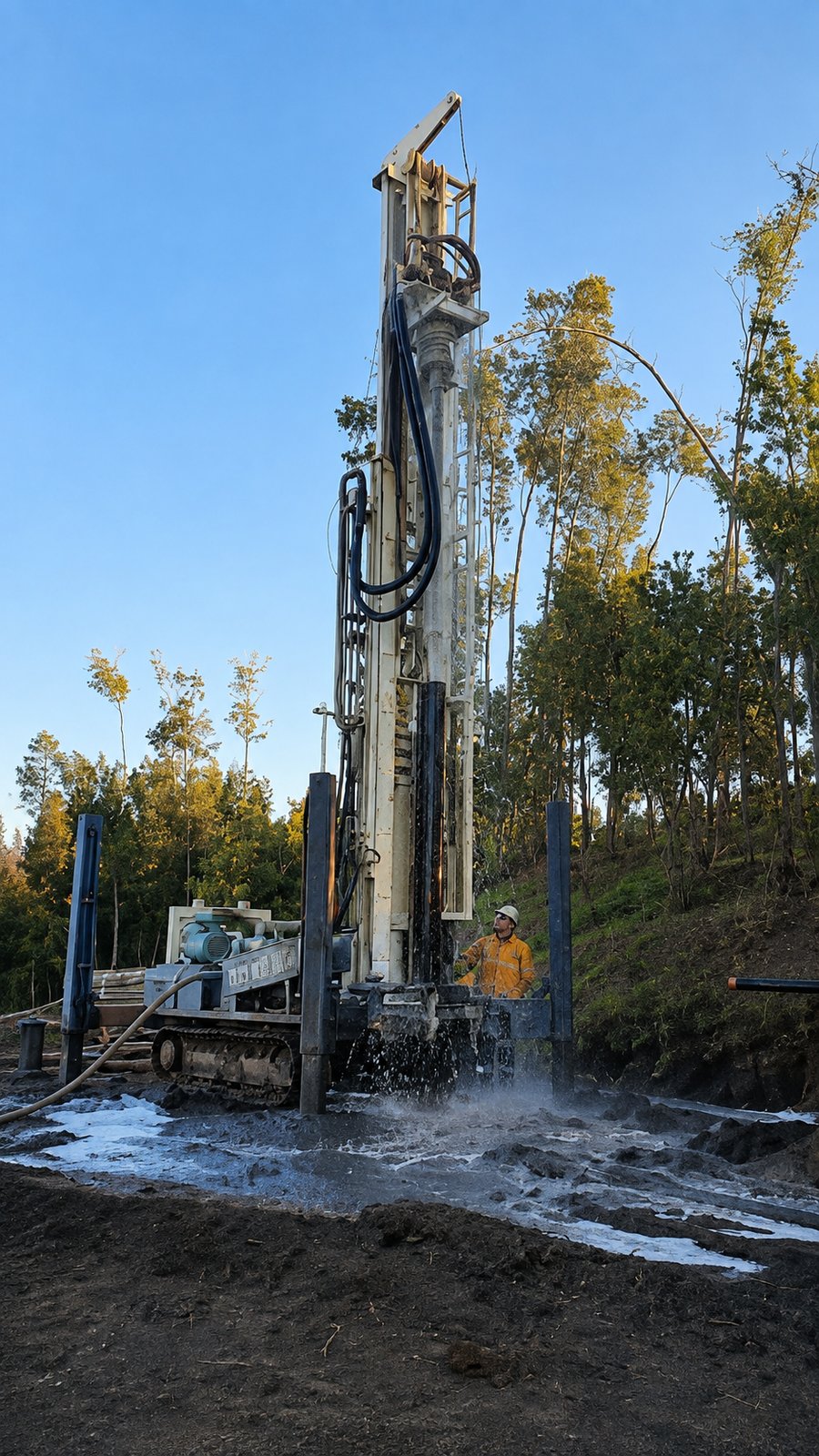 Equipo PERFOTEK trabajando hasta el atardecer en terreno