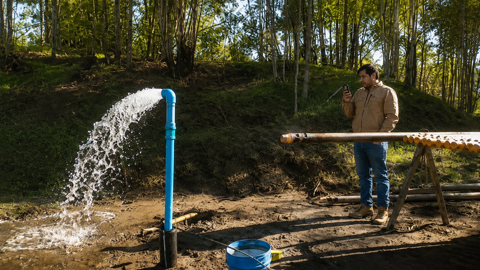 Pozo profundo terminado por PERFOTEK con agua limpia saliendo por la cañería