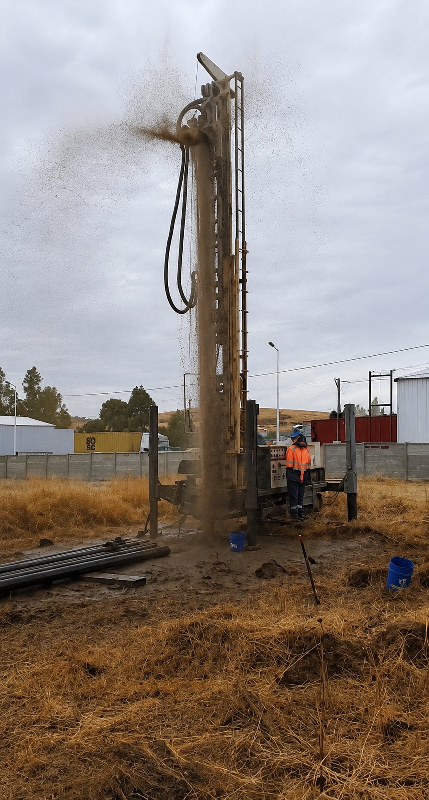 Perforación en plena ejecución con proyección de material desde el pozo